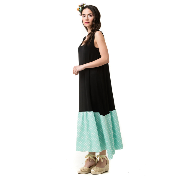 Φόρεμα με Φιόγκο στην Πλάτη Μαύρο Πουά Mint - βαμβάκι, πουά, αμάνικο, midi - 4