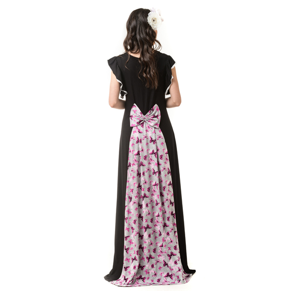 Μαύρο Μακρύ Φόρεμα με Φιόγκο στην Πλάτη και Ουρά Πεταλούδες Ροζ - φλοράλ