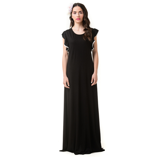 Μαύρο Μακρύ Φόρεμα με Φιόγκο στην Πλάτη και Ουρά Πεταλούδες Ροζ - φλοράλ - 2