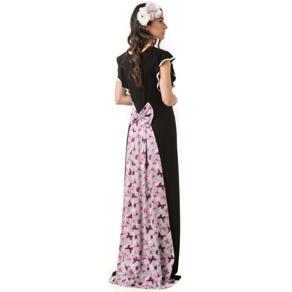 Μαύρο Μακρύ Φόρεμα με Φιόγκο στην Πλάτη και Ουρά Πεταλούδες Ροζ - φλοράλ - 3