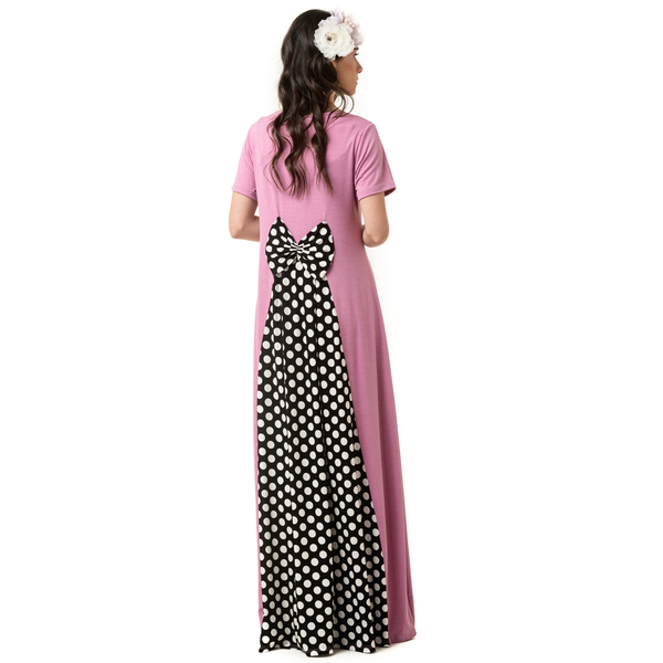 Ροζ Μακρύ Φόρεμα με Φιόγκο στην Πλάτη και Ουρά Μαύρο Πουά - πουά