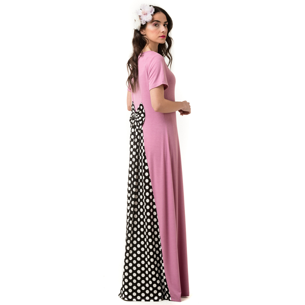 Ροζ Μακρύ Φόρεμα με Φιόγκο στην Πλάτη και Ουρά Μαύρο Πουά - πουά - 3