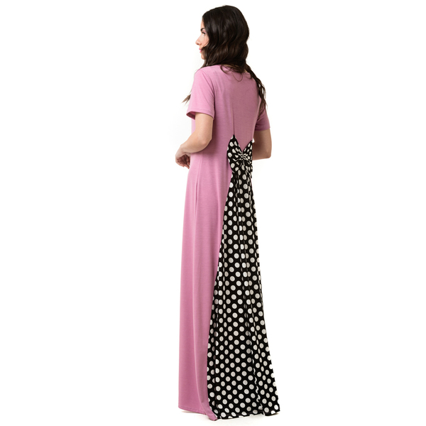 Ροζ Μακρύ Φόρεμα με Φιόγκο στην Πλάτη και Ουρά Μαύρο Πουά - πουά - 4