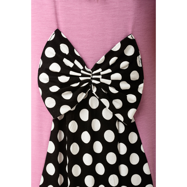 Ροζ Μακρύ Φόρεμα με Φιόγκο στην Πλάτη και Ουρά Μαύρο Πουά - πουά - 5