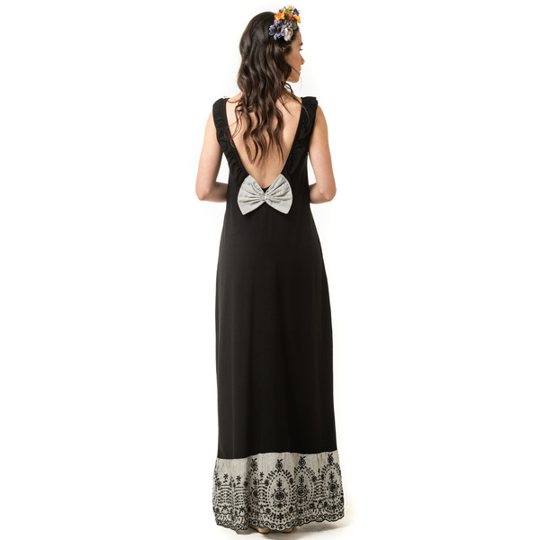 Μαύρο Εξώπλατο Φόρεμα Με Δαντέλα Βολάν - ριγέ, αμάνικο