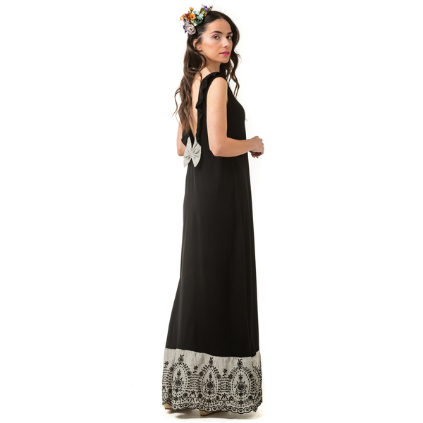 Μαύρο Εξώπλατο Φόρεμα Με Δαντέλα Βολάν - ριγέ, αμάνικο - 3