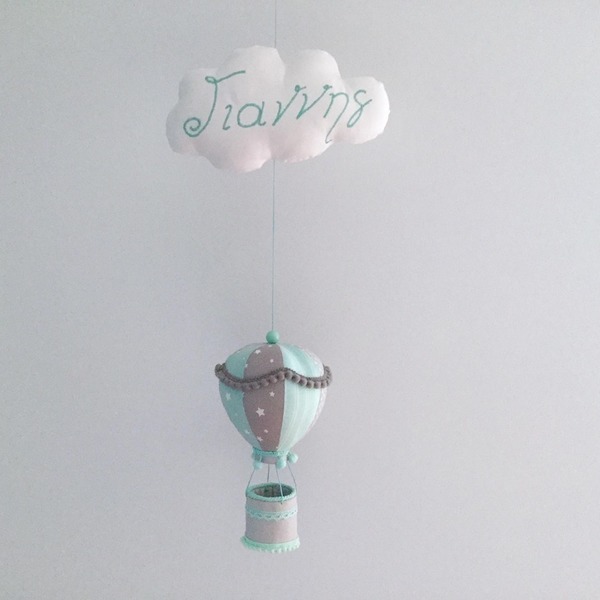 Κρεμαστό αερόστατο με συννεφάκι με κεντημένο το όνομα του παιδιού - αγόρι, όνομα - μονόγραμμα, δώρα για βάπτιση, κρεμαστά, διακοσμητικά, προσωποποιημένα, κρεμαστό διακοσμητικό - 2