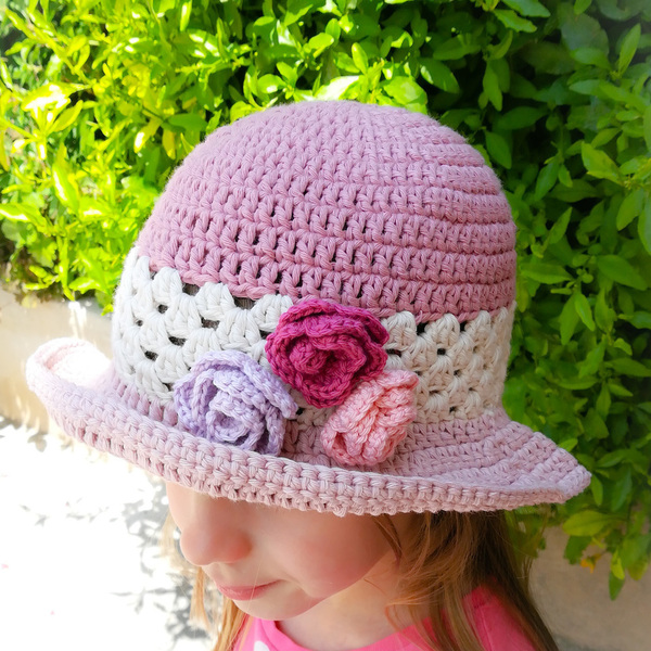 Ροζ πλεκτό καλοκαιρινό καπέλο για κορίτσια - χειροποίητα, απαραίτητα καλοκαιρινά αξεσουάρ - 4