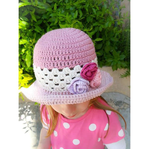 Ροζ πλεκτό καλοκαιρινό καπέλο για κορίτσια - χειροποίητα, απαραίτητα καλοκαιρινά αξεσουάρ - 5