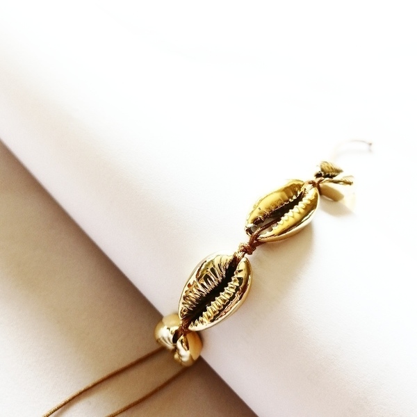 Seashell bracelet - επιχρυσωμένα, κοχύλι, μακραμέ, κορδόνια, αυξομειούμενα