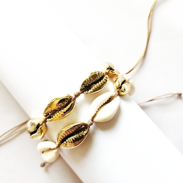 Seashell bracelet (2) - charms, κοχύλι, κορδόνια, boho, χεριού, αυξομειούμενα - 2