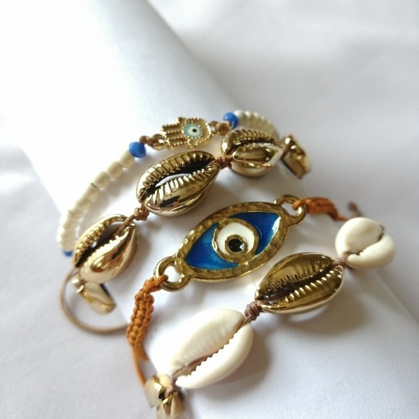 Seashell bracelet - επιχρυσωμένα, κοχύλι, μακραμέ, κορδόνια, αυξομειούμενα - 4