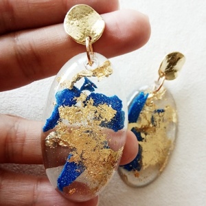 Οβάλ σκουλαρίκια με φύλλο χρυσού κ μπλε πηλό - statement, boho, μοδάτο, μεγάλα - 3