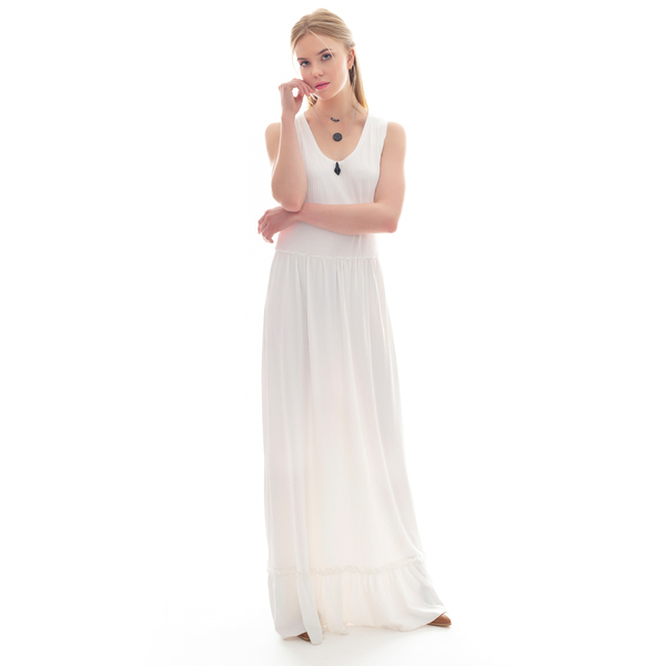 Λευκό μακρύ φόρεμα με βολάν - αμάνικο