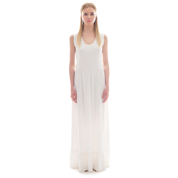 Λευκό μακρύ φόρεμα με βολάν - αμάνικο - 2