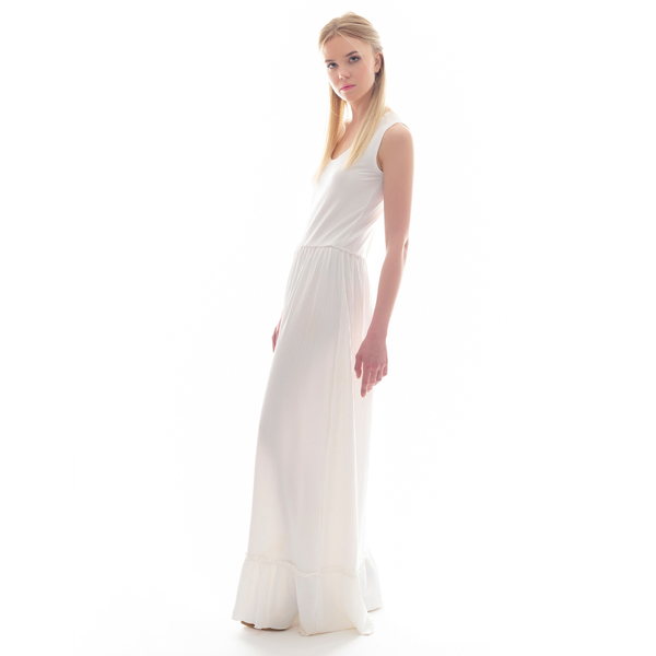 Λευκό μακρύ φόρεμα με βολάν - αμάνικο - 4