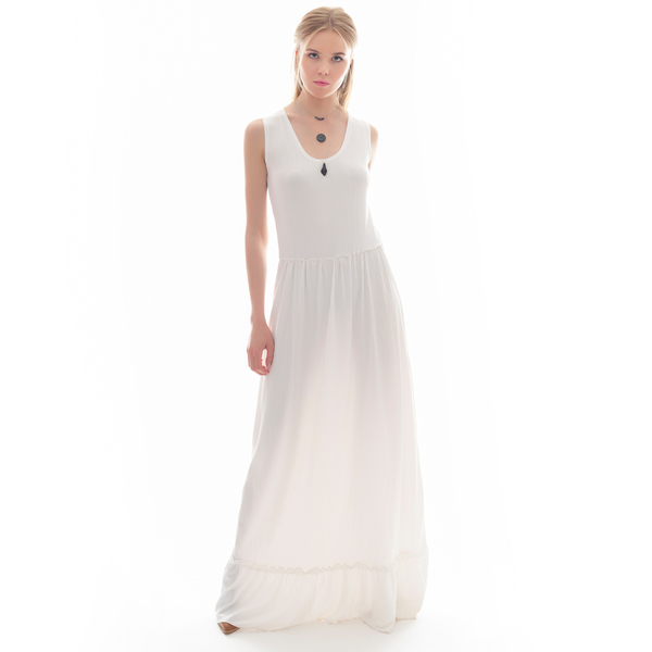Λευκό μακρύ φόρεμα με βολάν - αμάνικο - 5