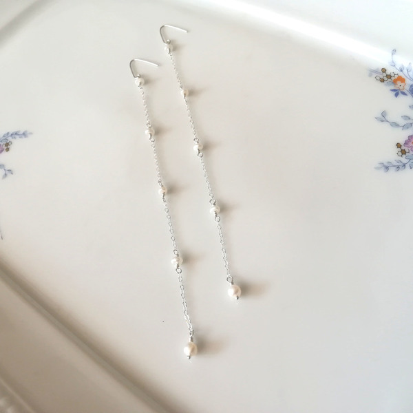 Μακρυά Σκουλαρίκια 925ο Ασήμι με λευκά μαργαριτάρια - ασήμι, μακριά, κρεμαστά, νυφικά - 2