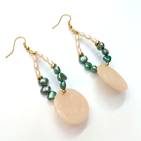 Green pearls and opal - μαργαριτάρι, επιχρυσωμένα, πηλός, οπάλιο, κρεμαστά, Black Friday - 2