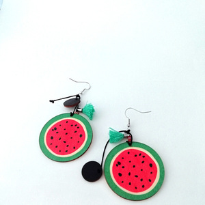 Σκουλαρίκια Ξύλινα Χειροποίητα |watermelon| - μακριά, απαραίτητα καλοκαιρινά αξεσουάρ, boho, κρεμαστά
