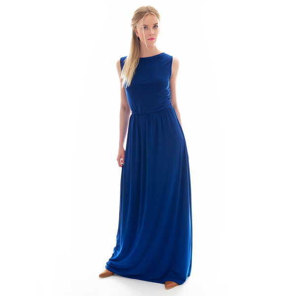 Μπλε φόρεμα με ανοιχτή πλάτη 01 - maxi, αμάνικο, συνθετικό, γάμου - βάπτισης - 3