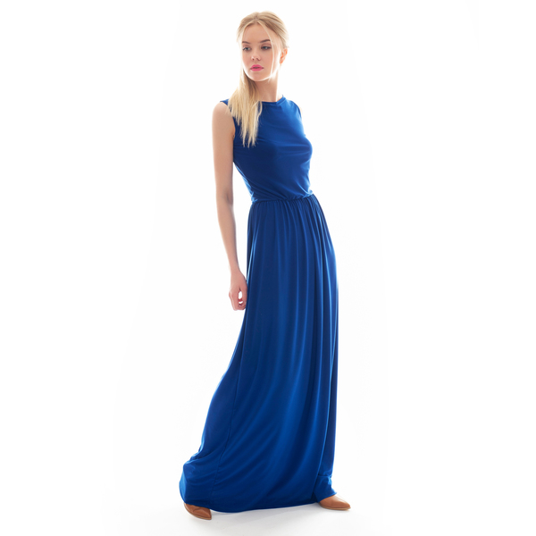Μπλε φόρεμα με ανοιχτή πλάτη 01 - maxi, αμάνικο, συνθετικό, γάμου - βάπτισης - 4