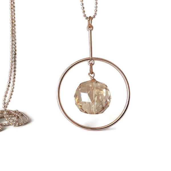 Κολιέ με ροζ χρυσό κύκλο και κρύσταλλο - γεωμετρικά σχέδια, μακριά, faux bijoux