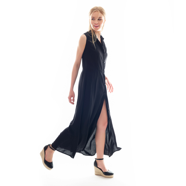 Μαύρο φόρεμα με κουμπιά - αμάνικο - 3