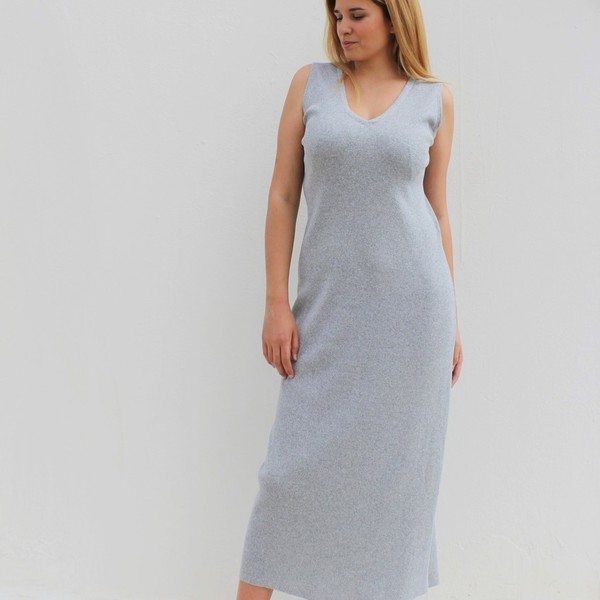 Γκρι φόρεμα από ριπ ύφασμα - αμάνικο - 3