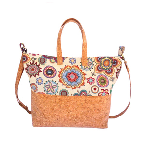 Χιαστί boho tote bag από φελλό και ύφασμα με λουριά χειρός - ύφασμα, χιαστί, all day, φελλός, χειρός, tote - 2