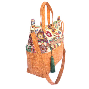 Χιαστί boho tote bag από φελλό και ύφασμα με λουριά χειρός - ύφασμα, χιαστί, all day, φελλός, χειρός, tote - 3