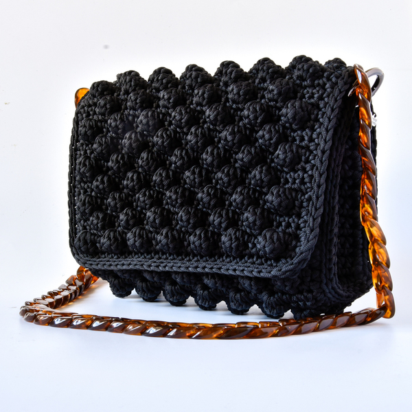 Μαύρη bubble πλεκτή τσάντα κροσέ - ώμου, crochet, πλεκτές τσάντες, μικρές - 2