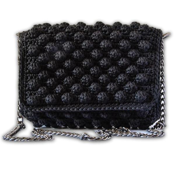 Μαύρη bubble πλεκτή τσάντα κροσέ - ώμου, crochet, πλεκτές τσάντες, μικρές