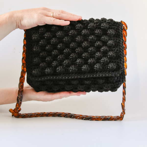 Μαύρη bubble πλεκτή τσάντα κροσέ - ώμου, crochet, πλεκτές τσάντες, μικρές - 3