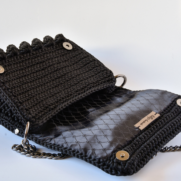 Μαύρη bubble πλεκτή τσάντα κροσέ - ώμου, crochet, πλεκτές τσάντες, μικρές - 5