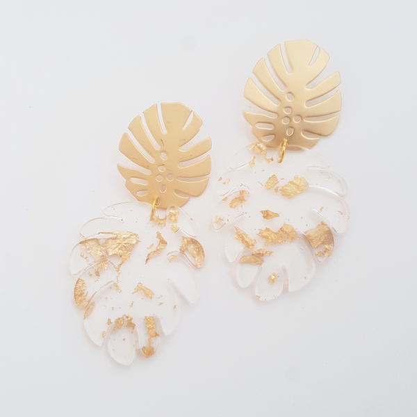"Gold Monstera" πλέξι σκουλαρίκια με φύλλο χρυσού - επιχρυσωμένα, boho, κρεμαστά, φθηνά - 2