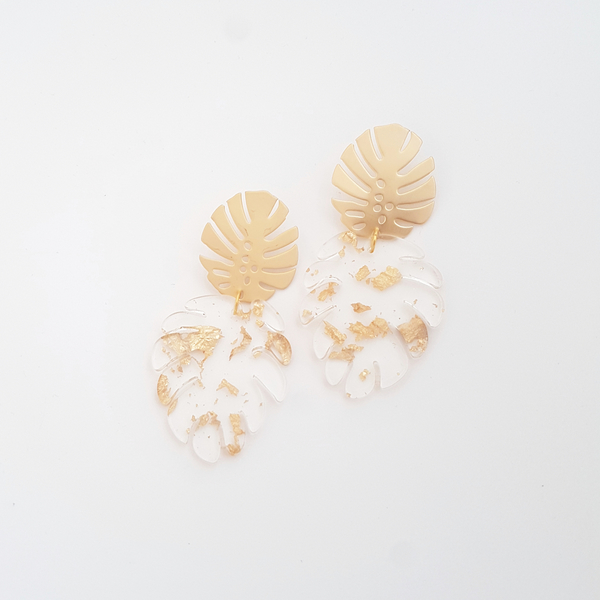 "Gold Monstera" πλέξι σκουλαρίκια με φύλλο χρυσού - επιχρυσωμένα, boho, κρεμαστά, φθηνά - 3