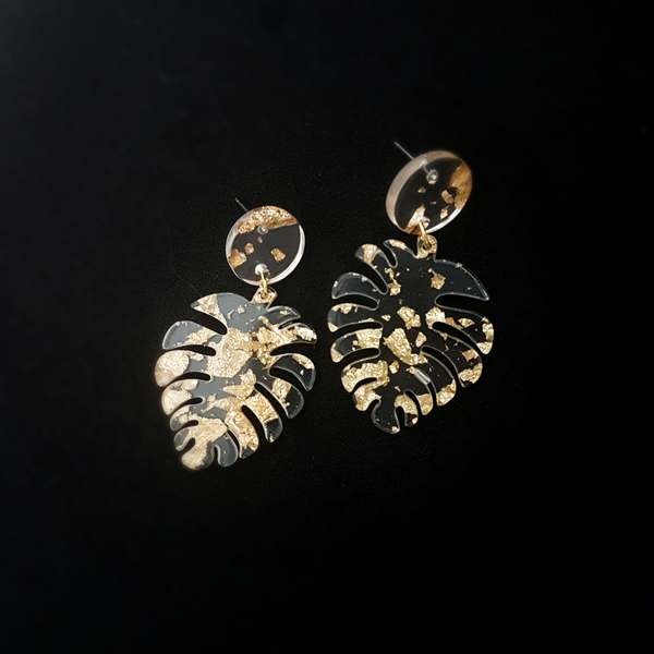 "Gold and Silver Monstera" πλέξι σκουλαρίκια με φύλλο χρυσού/ασημιού - plexi glass, boho, κρεμαστά, φθηνά