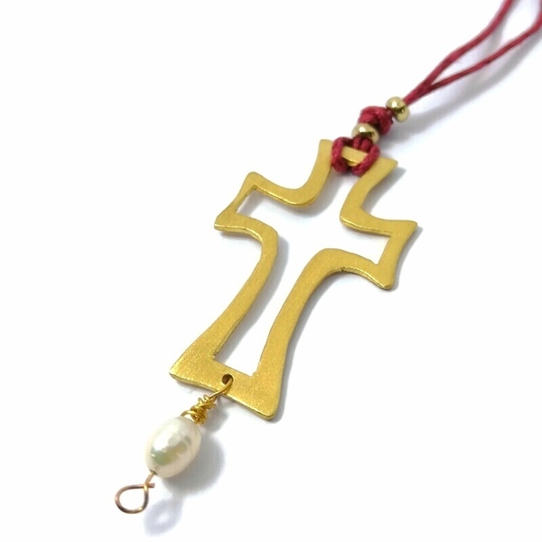 Επίχρυσος σταυρός με μαργαριτάρι - charms, μαργαριτάρι, επιχρυσωμένα, σταυρός, μακριά, αυξομειούμενα