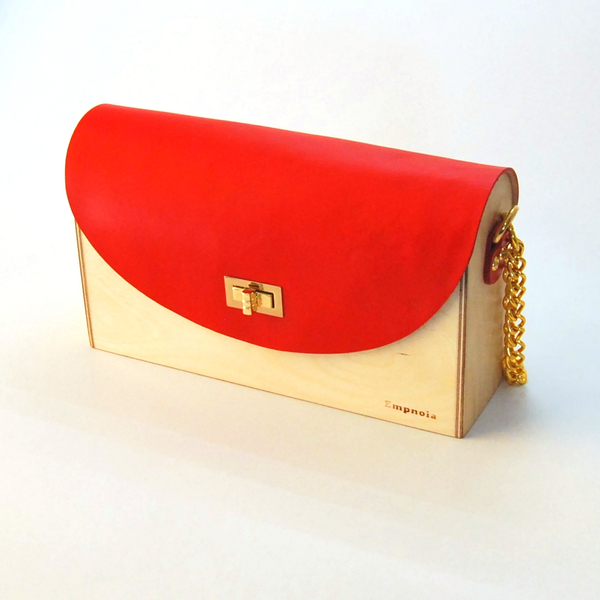 Ξύλινη τσάντα με δέρμα κόκκινο - δέρμα, ξύλο, ώμου, χειροποίητα, δώρα για γυναίκες, μικρές, μικρές - 2