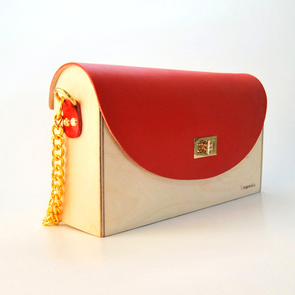 Ξύλινη τσάντα με δέρμα κόκκινο - δέρμα, ξύλο, ώμου, χειροποίητα, δώρα για γυναίκες, μικρές, μικρές - 3