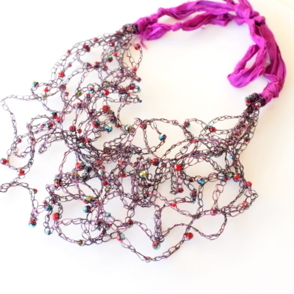 Κολιέ Wire crochet και μεταξωτό ύφασμα - ύφασμα, γυναικεία, σύρμα, χάντρες, μακριά - 2