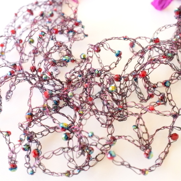Κολιέ Wire crochet και μεταξωτό ύφασμα - ύφασμα, γυναικεία, σύρμα, χάντρες, μακριά - 3