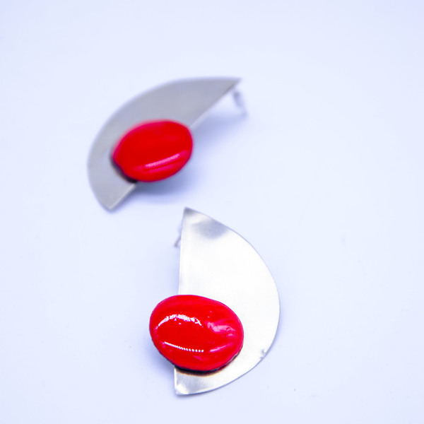 Coral-red minimalistic style earrings - ασήμι, αλπακάς, μακριά, καρφωτά, μεγάλα, Black Friday