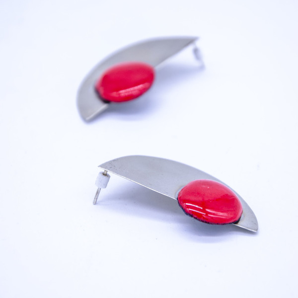 Coral-red minimalistic style earrings - ασήμι, αλπακάς, μακριά, καρφωτά, μεγάλα, Black Friday - 2