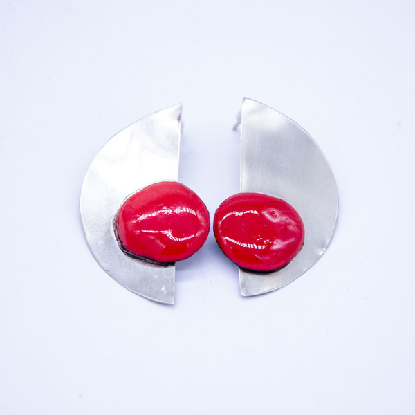 Coral-red minimalistic style earrings - ασήμι, αλπακάς, μακριά, καρφωτά, μεγάλα, Black Friday - 3