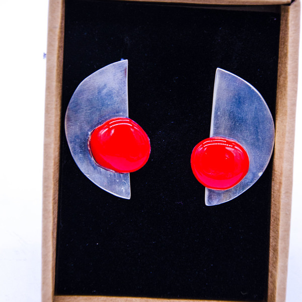 Coral-red minimalistic style earrings - ασήμι, αλπακάς, μακριά, καρφωτά, μεγάλα, Black Friday - 4
