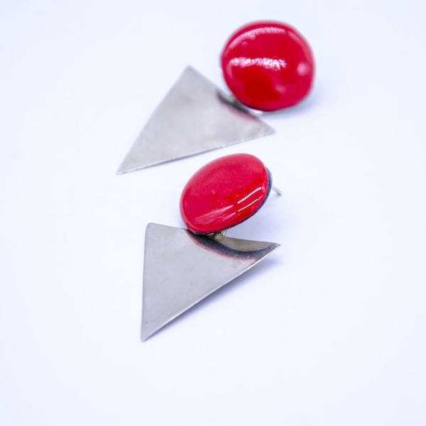 Coral-red triangle Minimalistic style earrings - ασήμι, αλπακάς, μακριά, κρεμαστά, Black Friday - 3