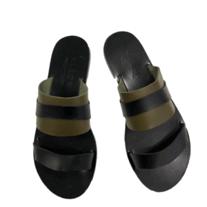 2 WAVE LINE BLACK-OLIVE - δέρμα, φλατ, slides