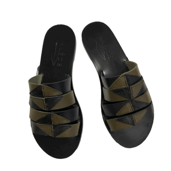 RHOMBUS BICOLOR BLACK-OLIVE - δέρμα, φλατ, slides